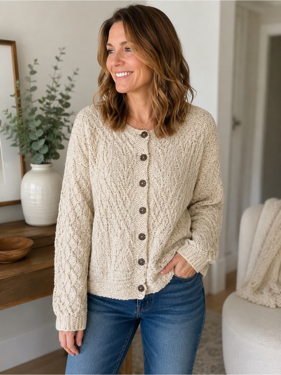 crana of dengal Sweaters - Cozy Cream Cable-Knit Button Cardigan Sweater Irish Quiet Luxury